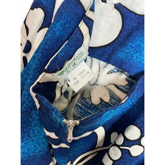 Vintage Hookano Barkcloth Tiki Cotton Hawaiian Blue White Floral Halter Dress 14 - Picture 3 of 3